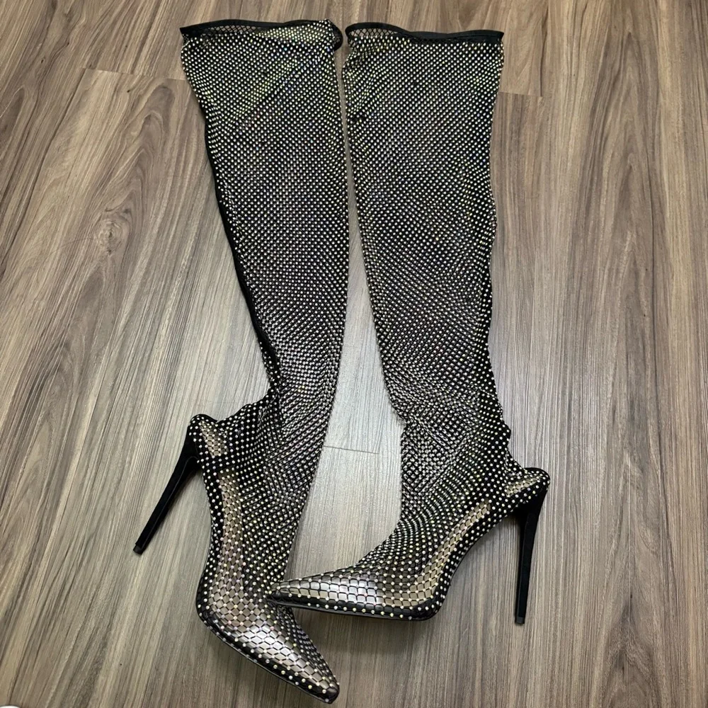 Ladies sz 44 Stiletto High Heel Over The Knee Black Fishnet Mesh Gem Rhinestone - Picture 2 of 12
